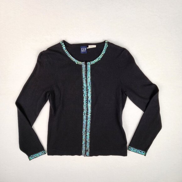 GAP Sequined Cardigan Angora Wool Cotton Blend Size S Black Blue - Picture 1 of 8